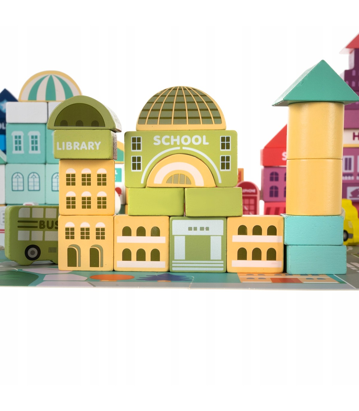 Klocki edukacyjne drewniane miasto + mata 100szt w wiaderku Zestaw Prezent