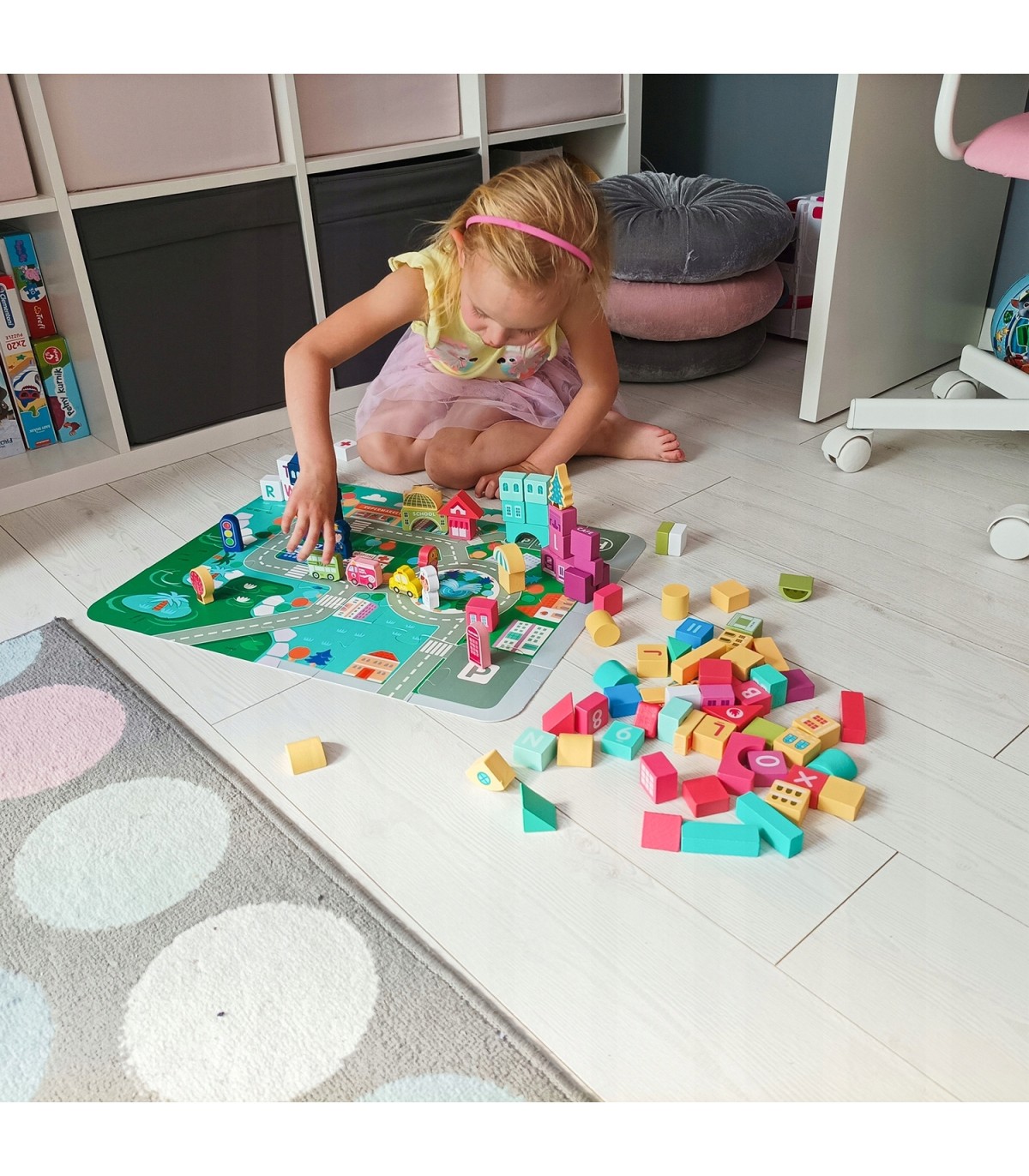 Klocki edukacyjne drewniane miasto + mata 100szt w wiaderku Zestaw Prezent