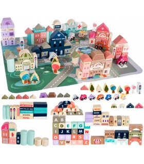 Klocki edukacyjne drewniane miasto auta 115szt + mata puzzle Zestaw Prezent