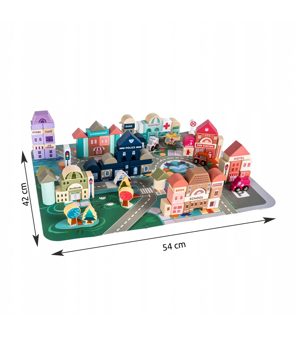Klocki edukacyjne drewniane miasto auta 115szt + mata puzzle Zestaw Prezent