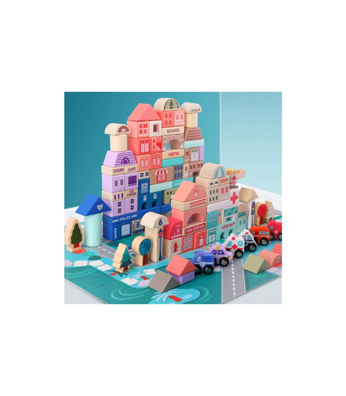 Klocki edukacyjne drewniane miasto auta 115szt + mata puzzle Zestaw Prezent