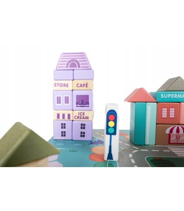 Klocki edukacyjne drewniane miasto auta 115szt + mata puzzle Zestaw Prezent