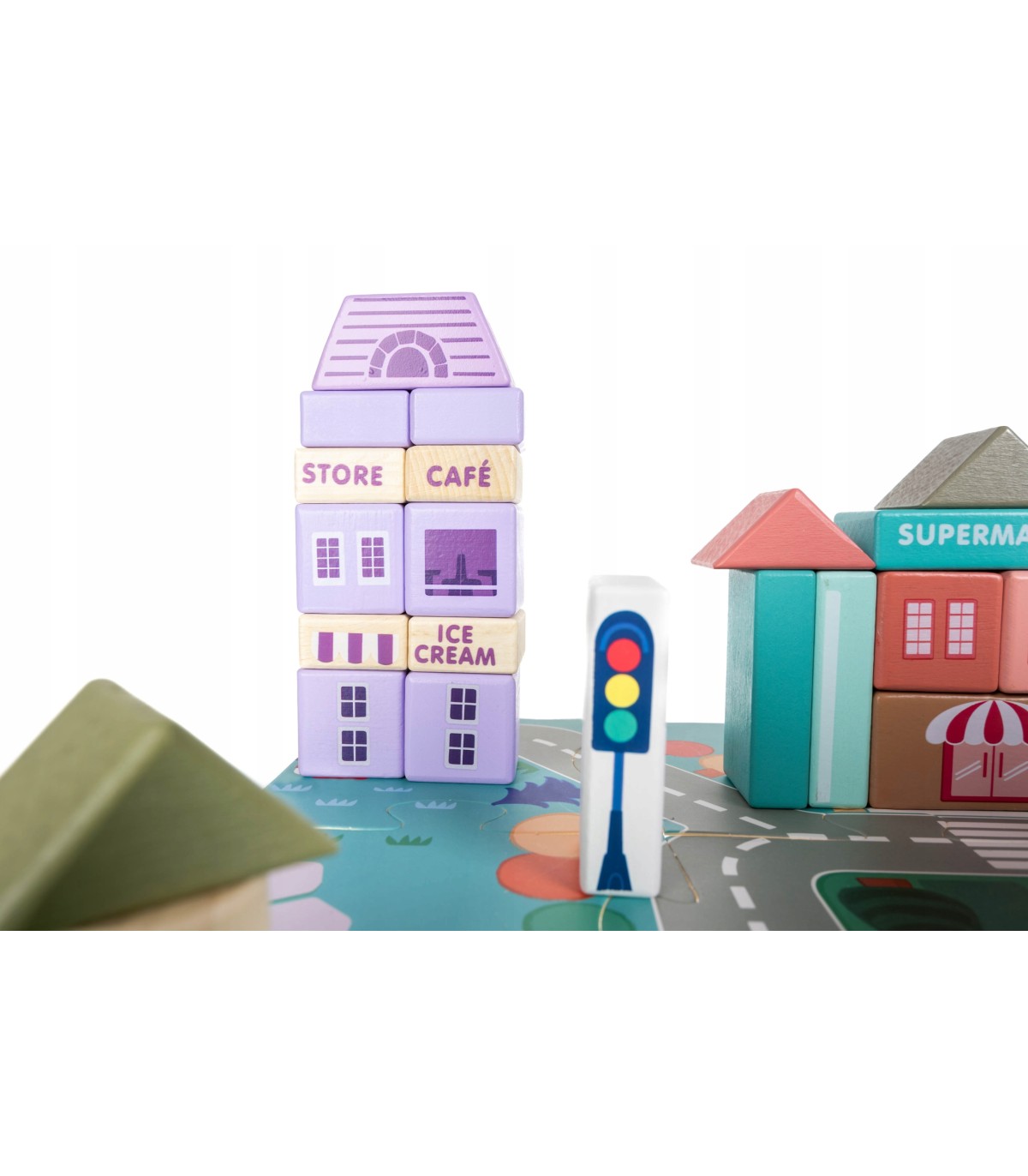 Klocki edukacyjne drewniane miasto auta 115szt + mata puzzle Zestaw Prezent